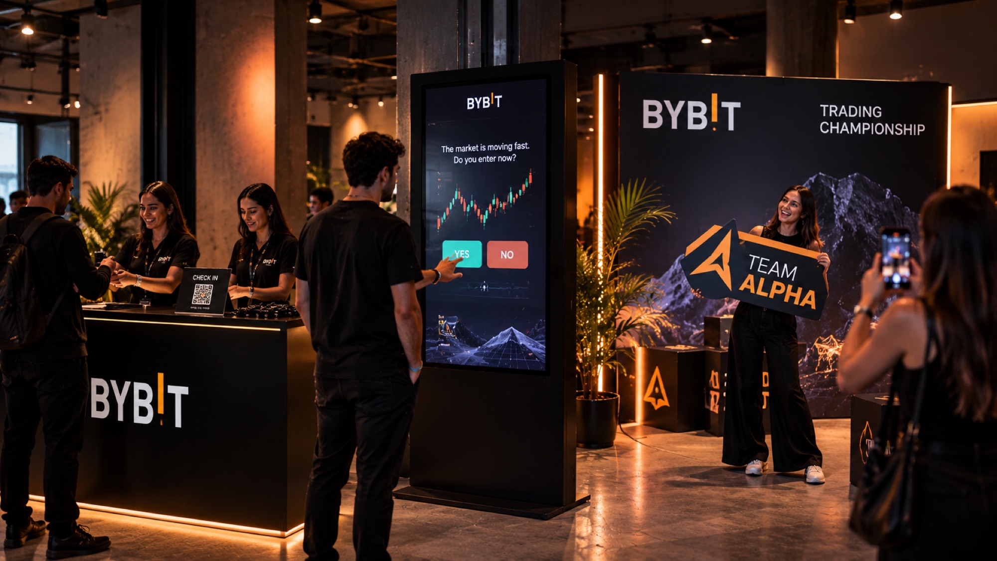 Check-in, trading personality game and team photo reference